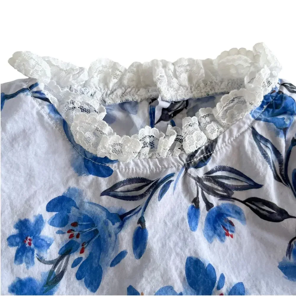 Teela Girls Light Blue Floral Cotton Lace Trim Toile Bubble Romper Boutique 18M